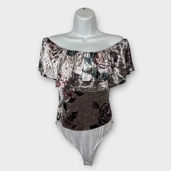 Charlotte Russe Velvet Off the Shoulder Body Suit Purple Rose Florals Medium - Picture 1 of 8
